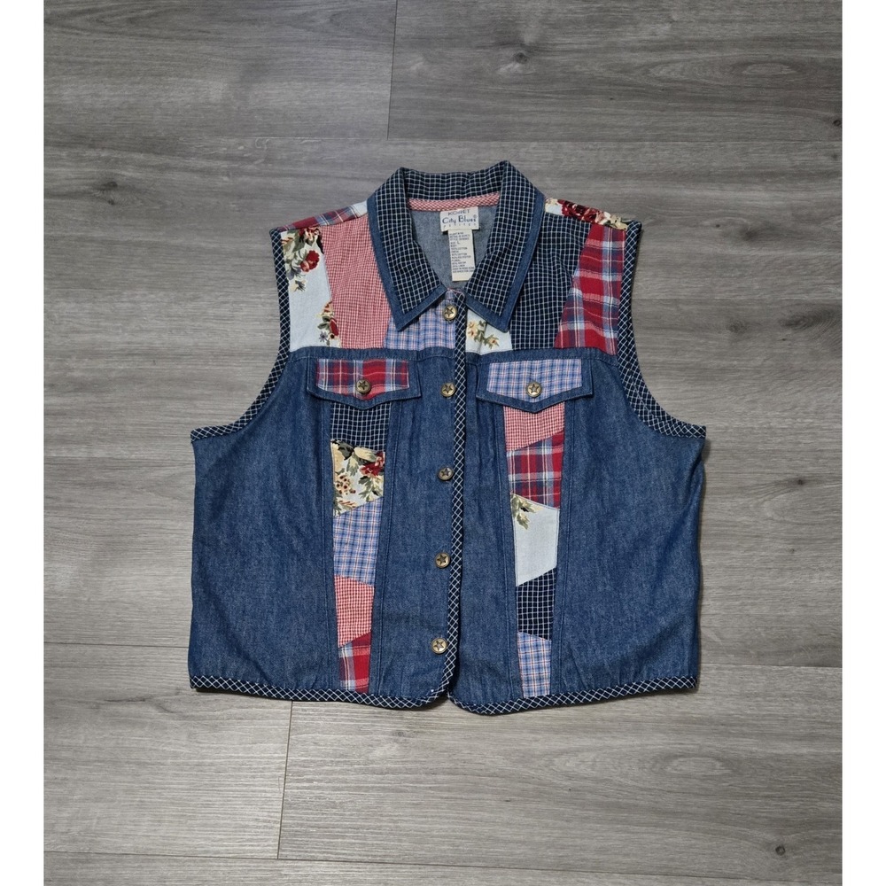 Vtg 80s 90s Koret City Blues Denim‎ Patchwork Button Vest Large Cottagecore